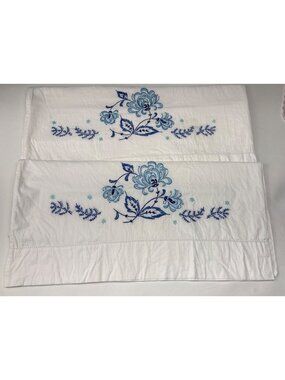 White Cotton Embroidered Pillowcases Set 2 Blue Floral Design Hand-Stitched Vtg
